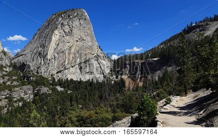 Liberty Cap and Nevada Falls. Photographed from the John Muir Trail, Yosemite National Park, California.