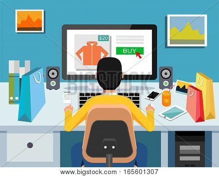 Person buy on online commerce. E-commerce. Online business illustration. Modern flat design for Web Banner, Website Element, or Template