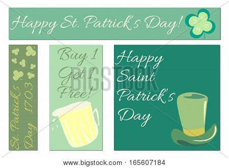 Vector set of a St. Patrick's Day's day banners for your design. Party Invitation templates, Greeting Cards or Flyers. Irish Four leaf clover. Vector banners.