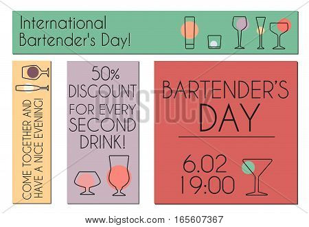 Vector banners for International Bartender's Day . Stemware outline set for your design.