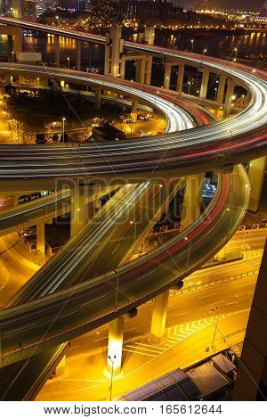 Aerial photography at Asia's largest across the rivers in Shanghai landmarks a spiral nanpu bridge of night scene