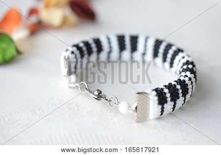 Beaded Crochet Bracelet Like Piano Keyboard Close Up