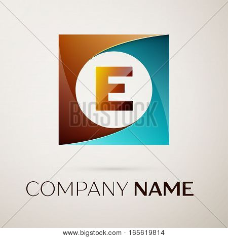 Letter E vector logo symbol in the colorful square on grey background. Vector template for your design