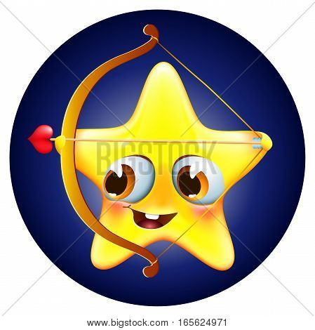 Funny amur star with bow and arrow on blue background congratulates with valentine`s day