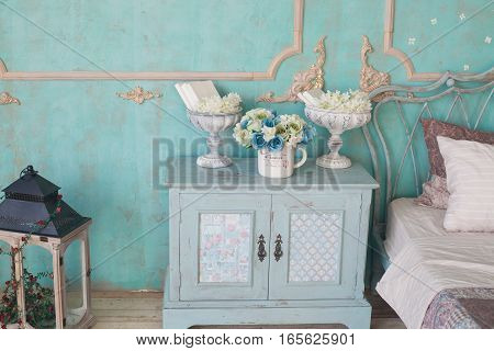 Vintage home arrangement, interior with retro furniture