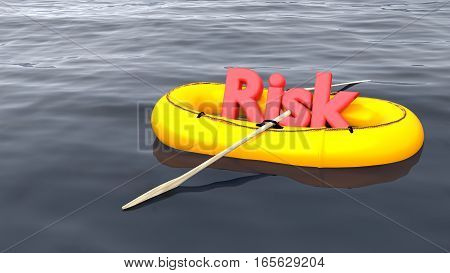 The red word risk in a yellow rubber boat alone on the ocean risk management concept 3D illustration