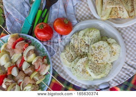 outside picnic with vegetables and chicken skewers