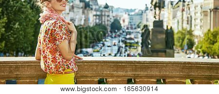 Tourist Woman On Vaclavske Namesti In Prague Having Excursion