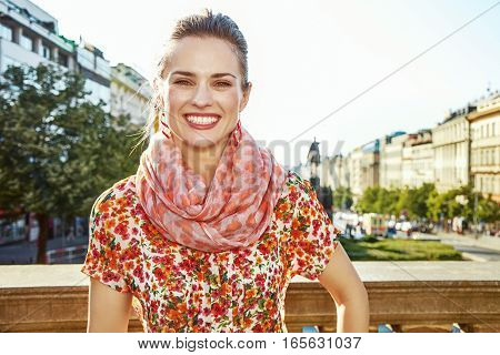 Tourist Woman On Wenceslas Square In Prague Czech Republic