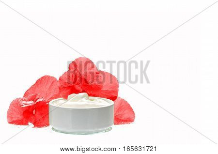 Centella Asiatica Leaves And Skincare Product In Red And White Tone.