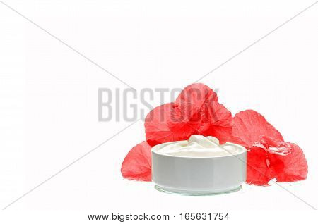 Centella Asiatica Leaves And Skincare Product In Red And White Tone.