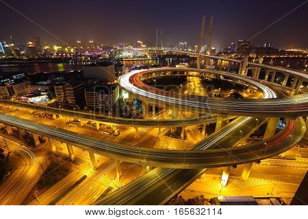 Aerial Photography At Shanghai Viaduct Overpass Bridge Of Night Scene