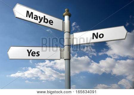 Concept image of a signpost with Yes No or Maybe against a blue cloudy sky.