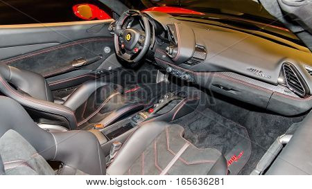 DETROIT MI/USA - JANUARY 8 2017: A Ferrari 488 car interior at The Gallery an event sponsored by the North American International Auto Show (NAIAS) and the MGM Grand Detroit.