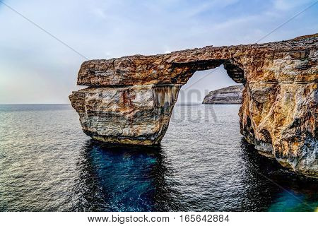 Sea view to Azure window natural arch Gozo island Malta