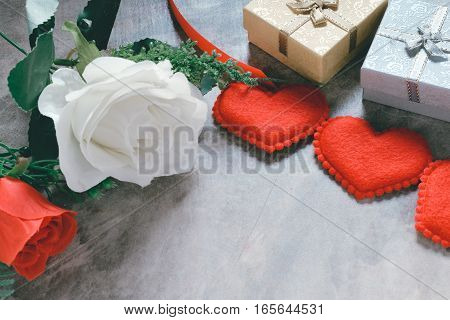 Valentine's Day Background,red Heart With Red White Rose ,ribbon