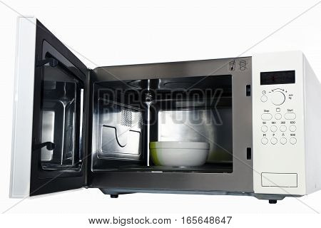 the microwave oven with an open door