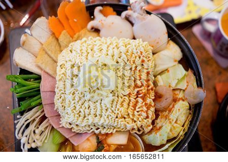 Korean Tokpokki hot pot top view in Korean Restaurant Spicy and Healthy Korean Food