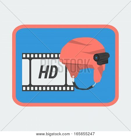 Vector Icon HD Action Camera on Helmet for Winter Holidays. Sport Eqipment for Extreme Video Making in Flat Style