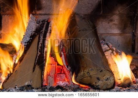 Burning firewood in the fireplace close up. Foto
