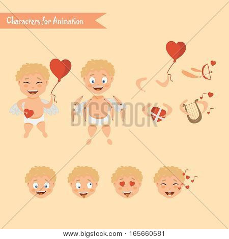 Cupid angels icons set little boy with a bow and arrows. Cupid character animation. Set for Valentine's day
