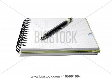 Spiral notebook and black mecanical pencil isolated on white