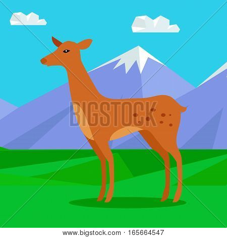 Fawn on the lawn in the mountains. Junior verdant young brown spotted deer. Ruminant mammal. Little inexperienced fawn in its first year. Cartoon illustration. Herbivore creature. Vector illustration