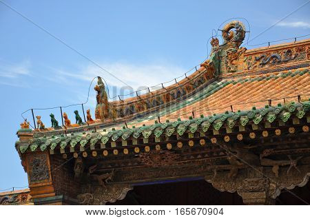 Colored glazed decoration of Chongzheng Hall in the center of Shenyang Imperial Palace (Mukden Palace), Shenyang, Liaoning, China. Shenyang Imperial Palace is UNESCO world heritage site.