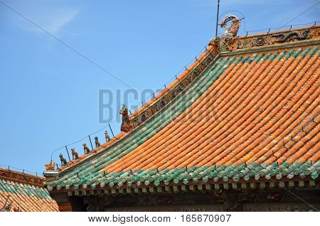Colored glazed decoration of Chongzheng Hall in the center of Shenyang Imperial Palace (Mukden Palace), Shenyang, Liaoning, China. Shenyang Imperial Palace is UNESCO world heritage site.