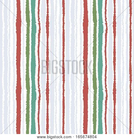 Seamless strip pattern. Vertical lines with torn paper effect. Shred edge texture. White, gray, green, redbrown winter colored background. Vector