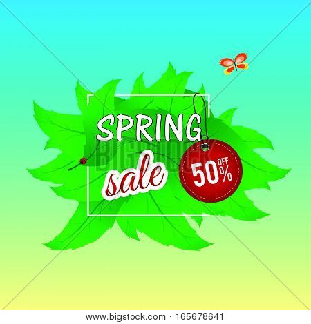 Spring Sale On Leaves With Tag Color Illustration