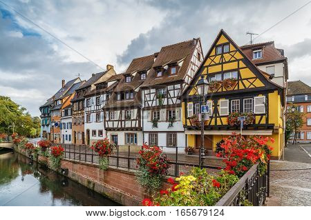 Embankment of Lauch River with historical houses in Colmar Alsace France