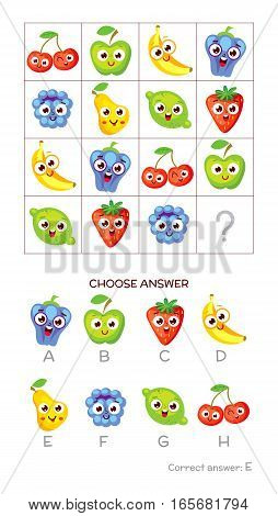 IQ test. Choose correct answer. Logical tasks composed of colored fruits. Funny cartoon character. Vector illustration