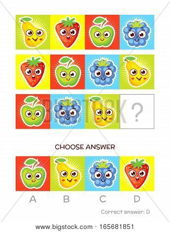 IQ test. Choose correct answer. Logical tasks made up of color fruits. Funny cartoon character. Vector illustration