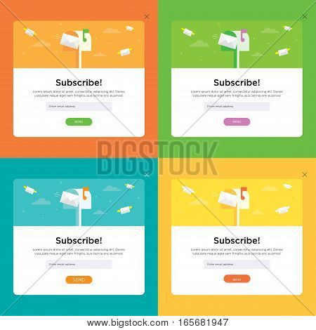 Set vector templates for email subscribe. With flying envelopes and mailbox