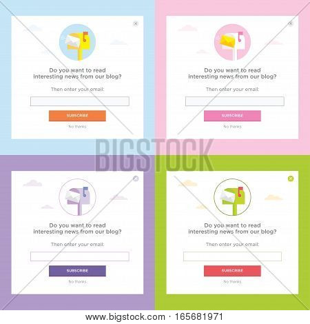 Set vector templates for email subscribe. With flying envelopes and mailbox.