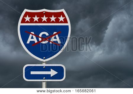 Repealing and replacing the Affordable Care Act healthcare insurance Red white and blue interstate highway road sign with words ACA marked out with stormy sky background 3D Illustration
