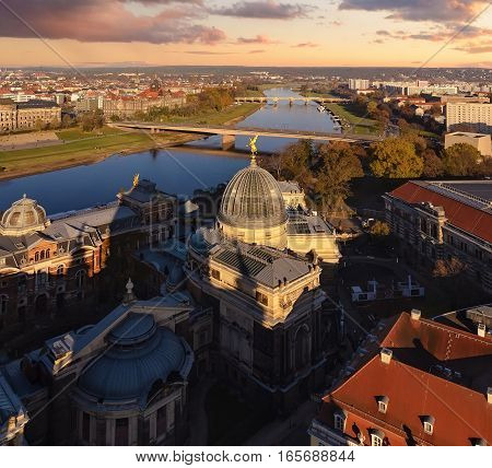 Panorama of Dresden cental part and Elbe river in sunset. Saxony Germany Europe.
