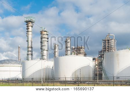 Petrochemical plant with oil fluid storage silos in the Rotterdam harbor area