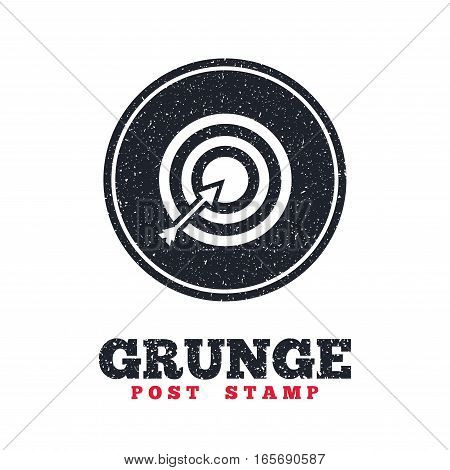 Grunge post stamp. Circle banner or label. Target aim sign icon. Darts board with arrow symbol. Dirty textured web button. Vector