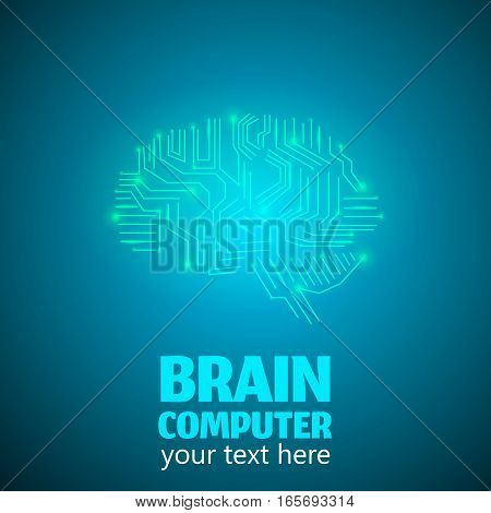 Human Brain Logo in form of Electronic brain computer, Neurology Conception.Silicon chips in form of Cerebrum and Cerebellum with mind thoughts shines, text Brain Computer on blue luminous background