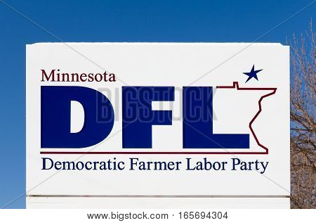 ST. PAUL MN/USA - JANUARY 14 2017: Minnesota DFL party sign and logo. The DFL is a social liberal political party in the U.S. state of Minnesota.