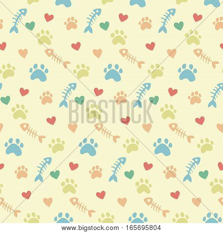 pet theme background vector pattern with cats paw prints