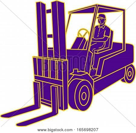 Mono line style illustration of a forklift truck with driver driving viewed from the front set on isolated white background.