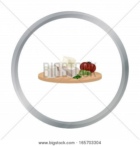 Diced cheese feta with tomatoes and olives on the cutting board icon in cartoon style isolated on white background. Greece symbol vector illustration.