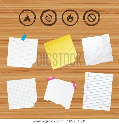 Business paper banners with notes. Tourist camping tent icon. Fire flame and stop prohibition sign symbols. Sticky colorful tape. Vector