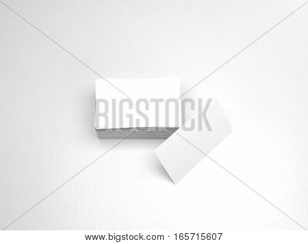 Stack of white business cards. Name cards mockup template on white leather background. 3D Rendering with shadow