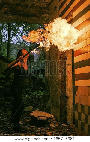 fire show Fire Breather Large Plume Of Flame the girl