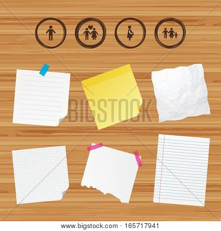 Business paper banners with notes. Family lifetime icons. Couple love, pregnancy and birth of a child symbols. Human male person sign. Sticky colorful tape. Vector