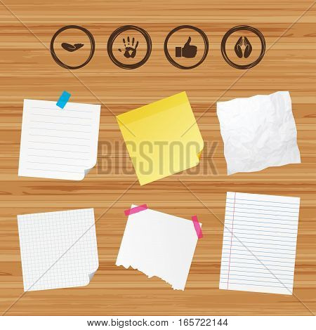Business paper banners with notes. Hand icons. Like thumb up symbol. Insurance protection sign. Human helping donation hand. Prayer hands. Sticky colorful tape. Vector